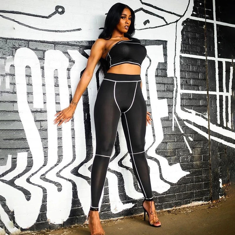 One-Shoulder Top and Contrast-Seam Leggings Set