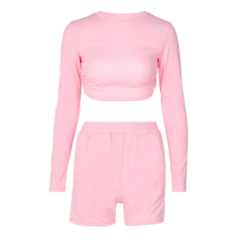 Open-Back Long Sleeve Top and Shorts Set - Pink