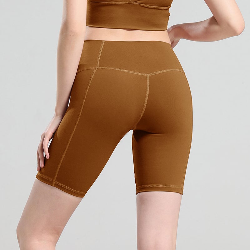 High-Waisted Biker Shorts with Panel Seams - Brown