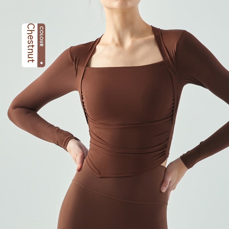 Square-Neck Long Sleeve Top with Gathered Sides - Chestnut