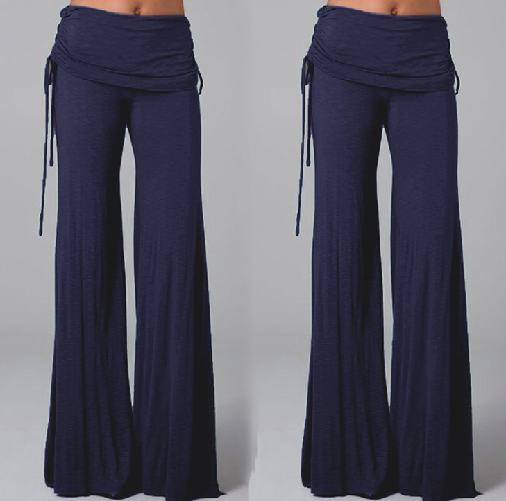 Wide-Leg Dance Pants with Gathered Waist Overlay - Navy