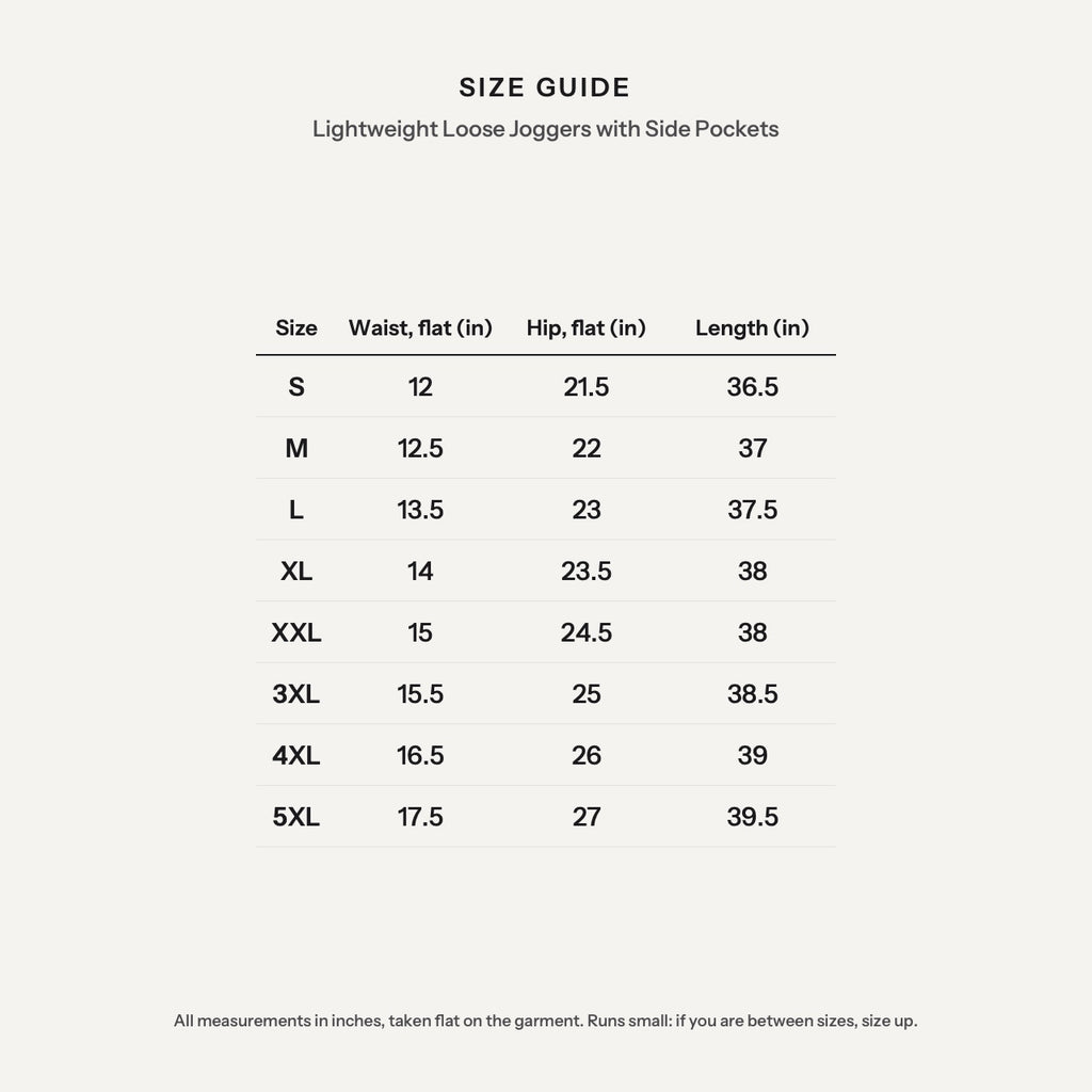 Lightweight Loose Joggers with Side Pockets - size guide