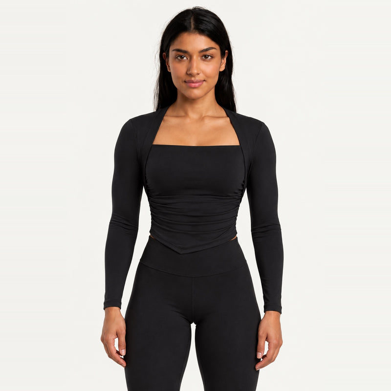 Square-Neck Long Sleeve Top with Built-In Bra - Black