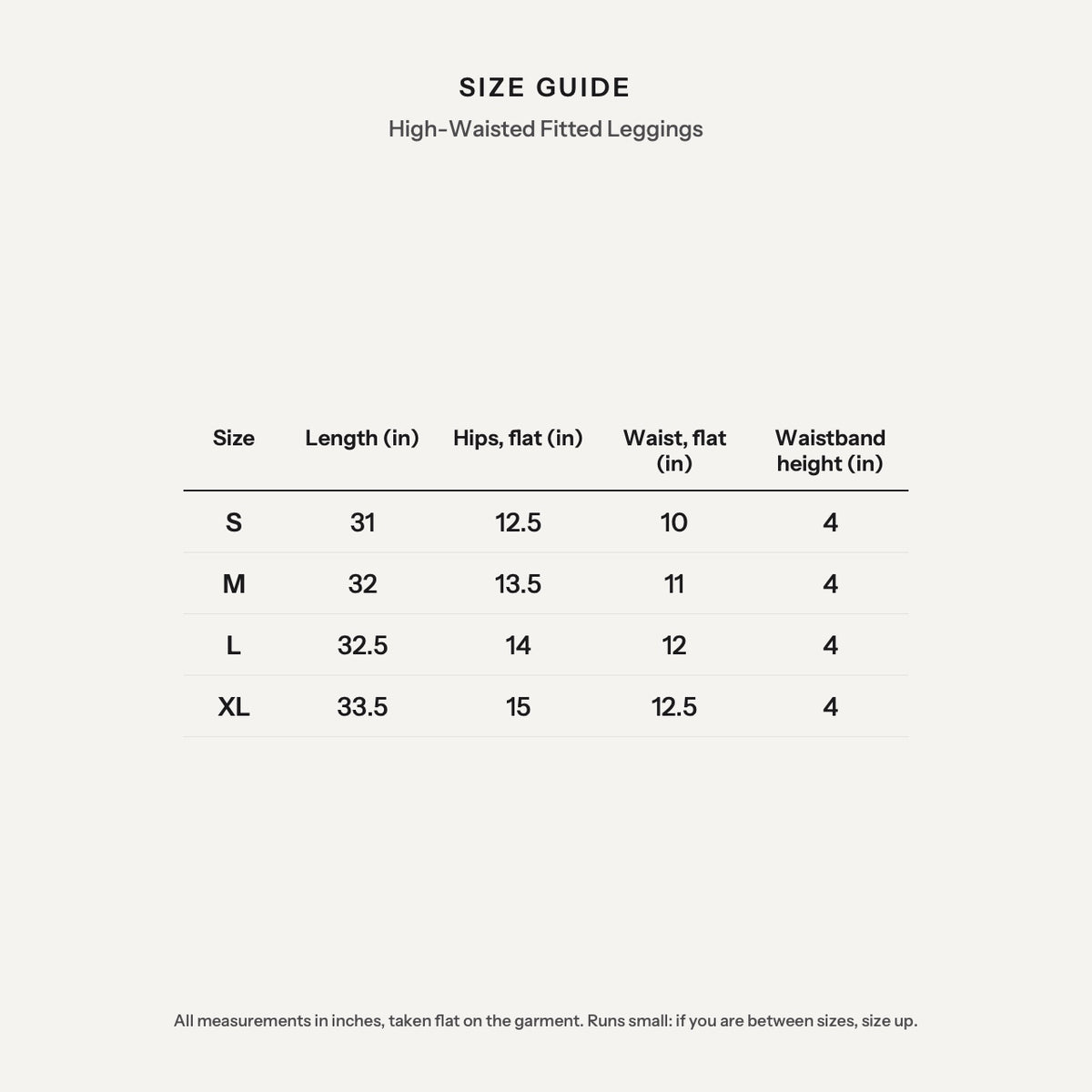 High-Waisted Fitted Leggings - size guide