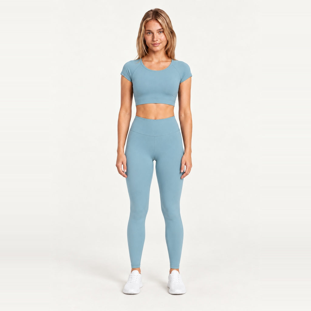 Short Sleeve Crop Top and Leggings Set - Dusty Blue
