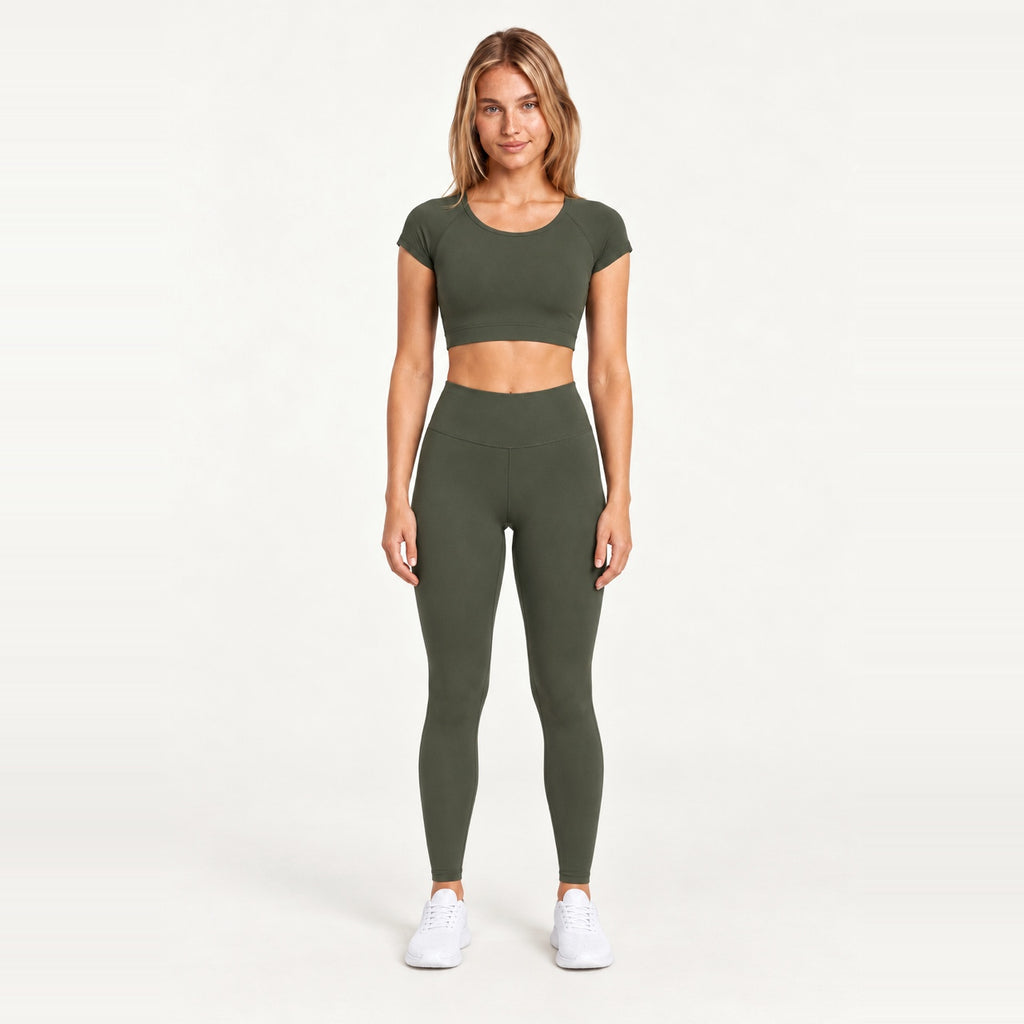 Short Sleeve Crop Top and Leggings Set - Olive