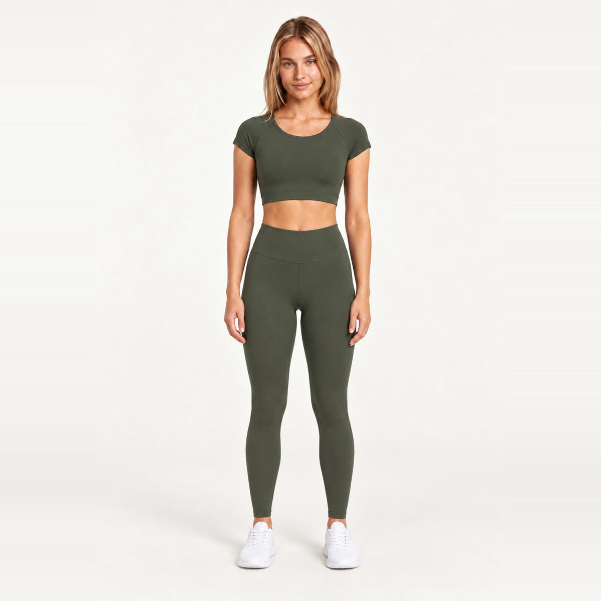 Short Sleeve Crop Top and Leggings Set - Olive