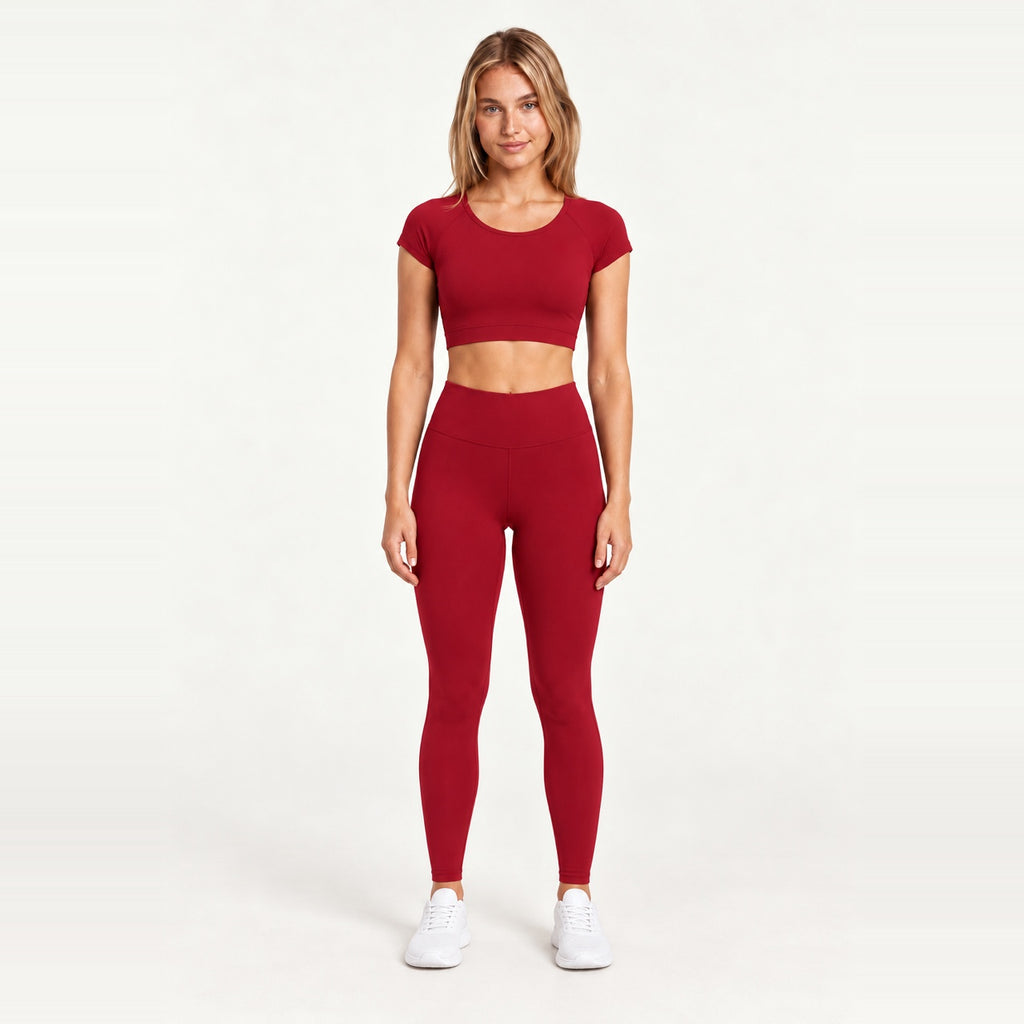 Short Sleeve Crop Top and Leggings Set - Crimson