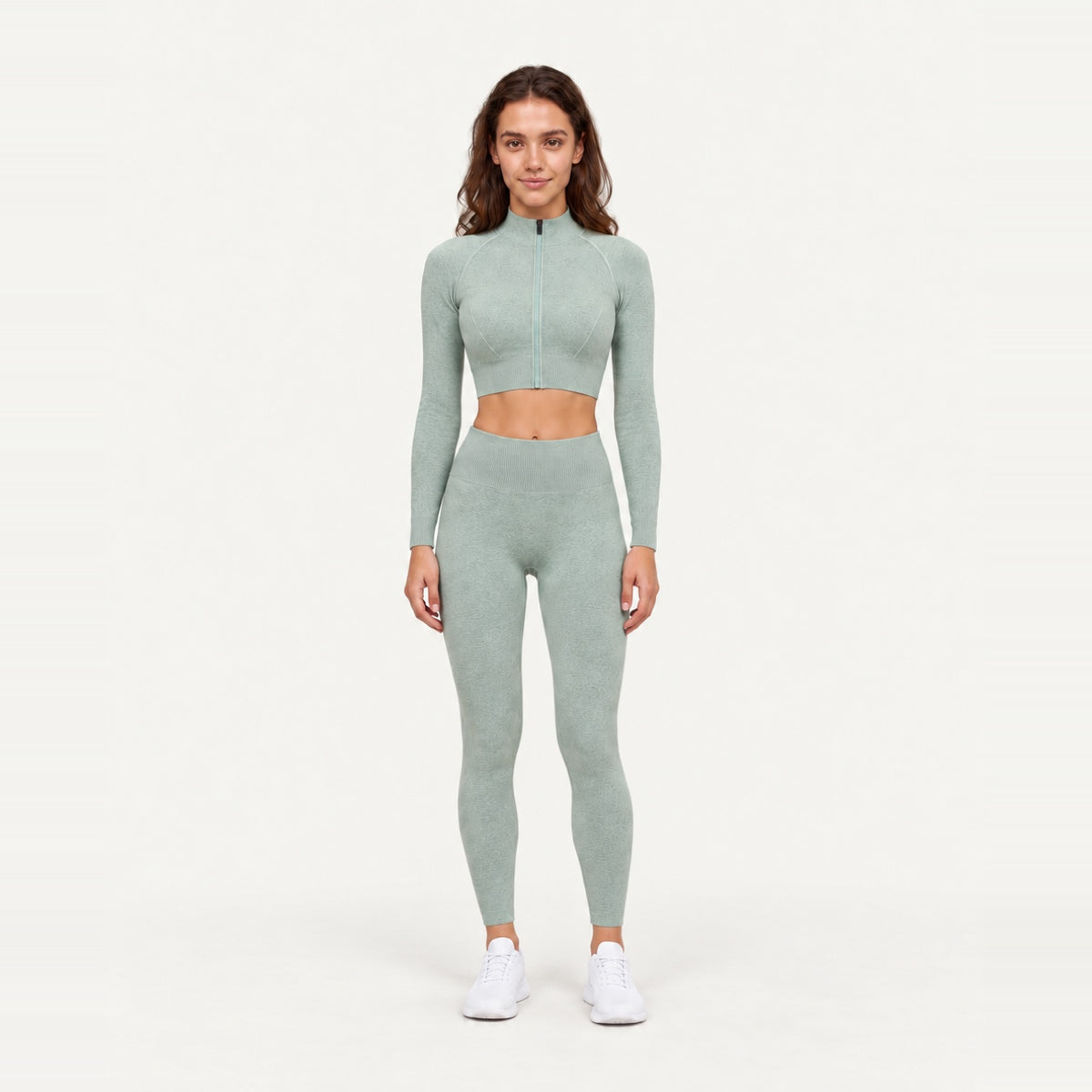 Long Sleeve Zip-Up Top and Leggings Set - Sage