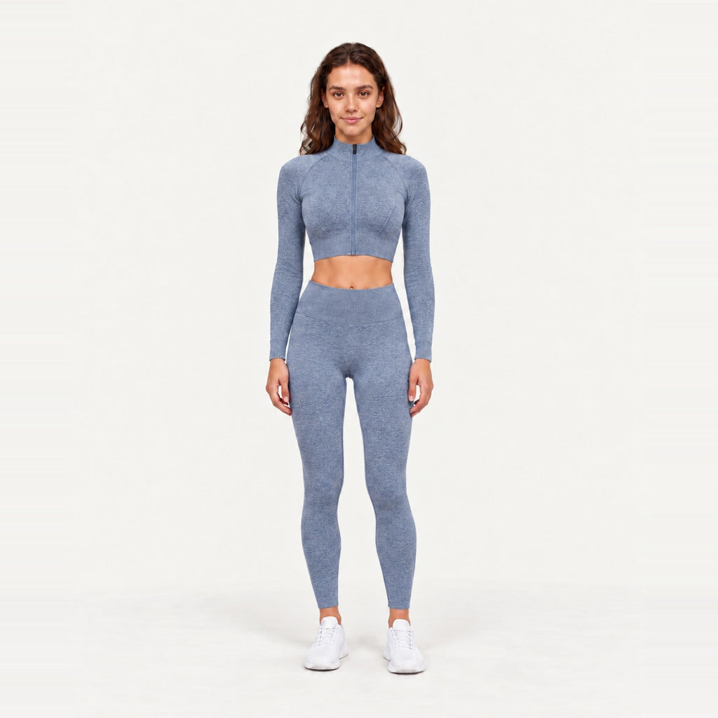 Long Sleeve Zip-Up Top and Leggings Set - Blue Gray