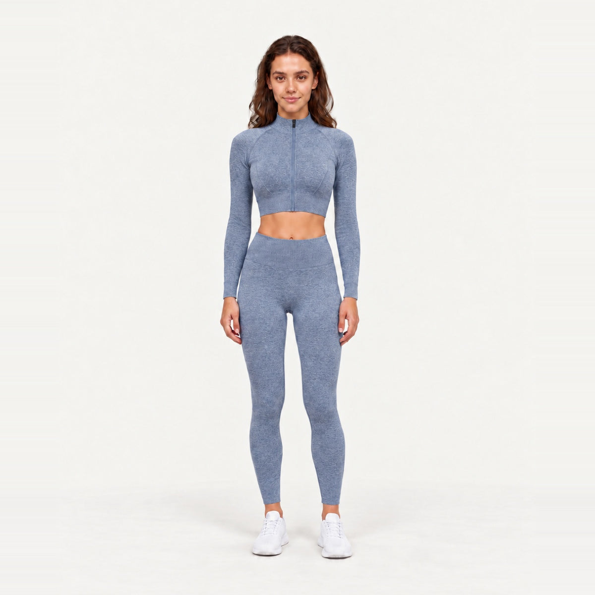 Long Sleeve Zip-Up Top and Leggings Set - Blue Gray