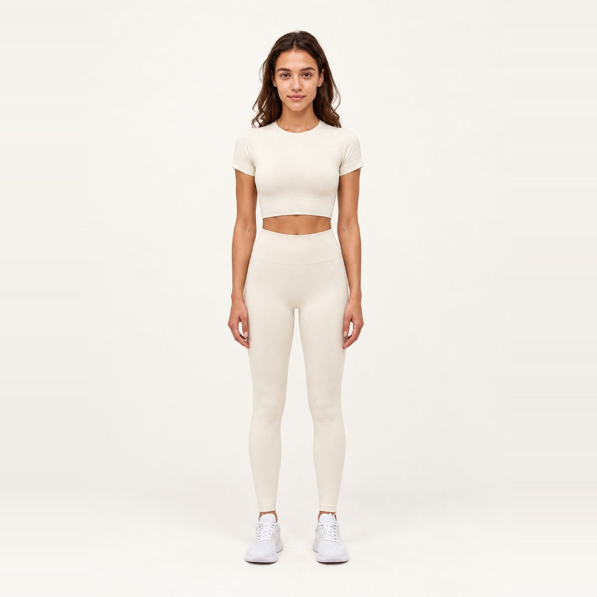 Short Sleeve Textured Crop Top and Leggings Set - Cream