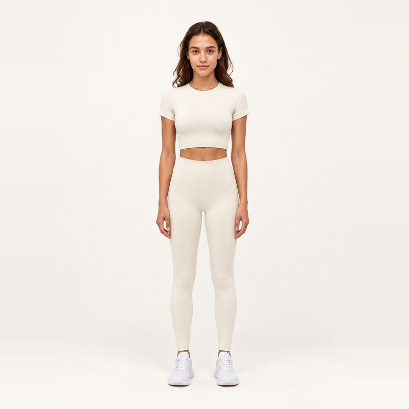 Short Sleeve Textured Crop Top and Leggings Set - Cream