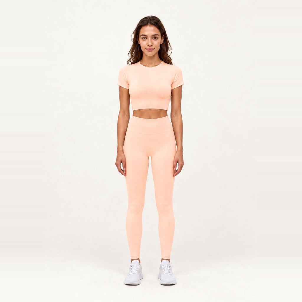 Short Sleeve Textured Crop Top and Leggings Set - Peach