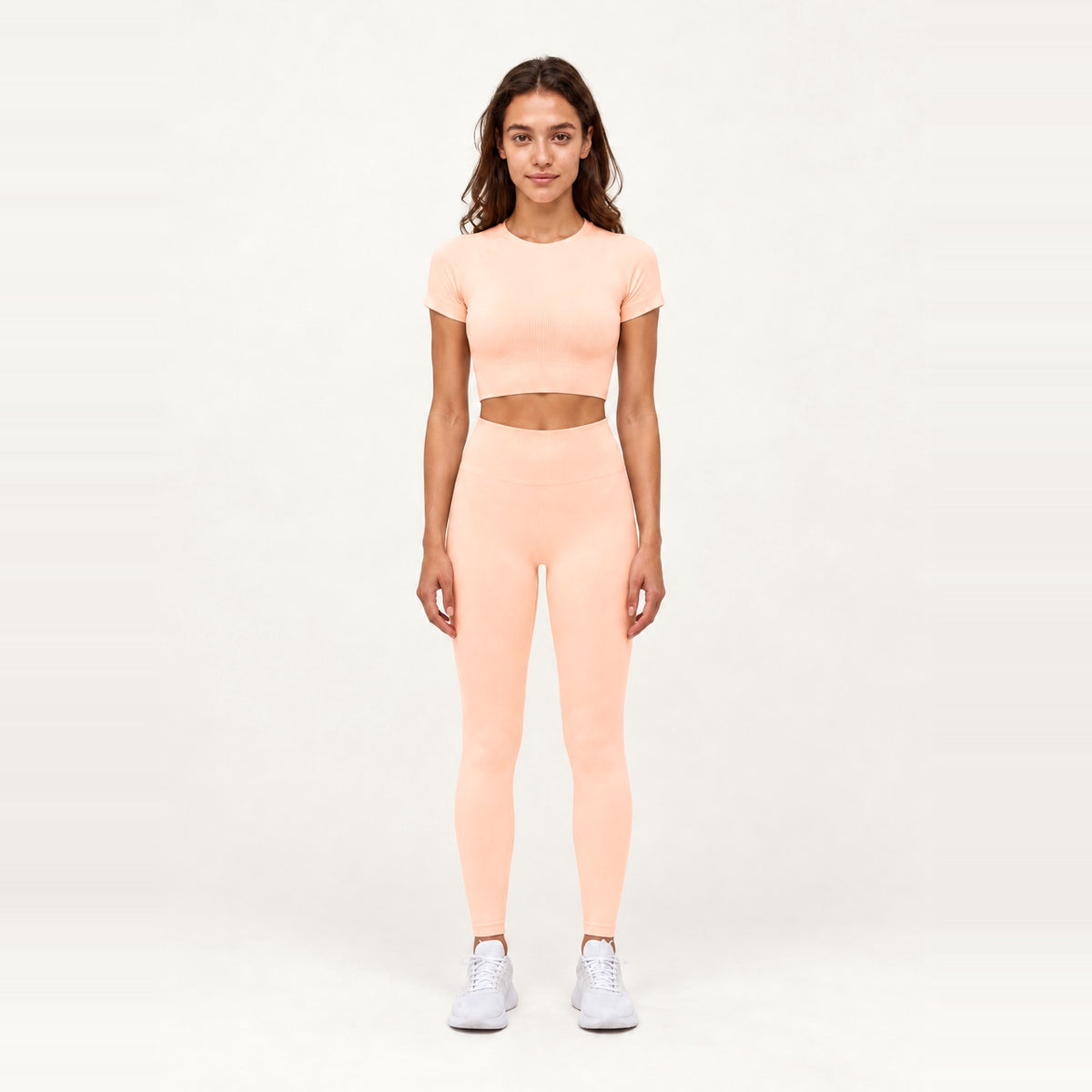 Short Sleeve Textured Crop Top and Leggings Set - Peach