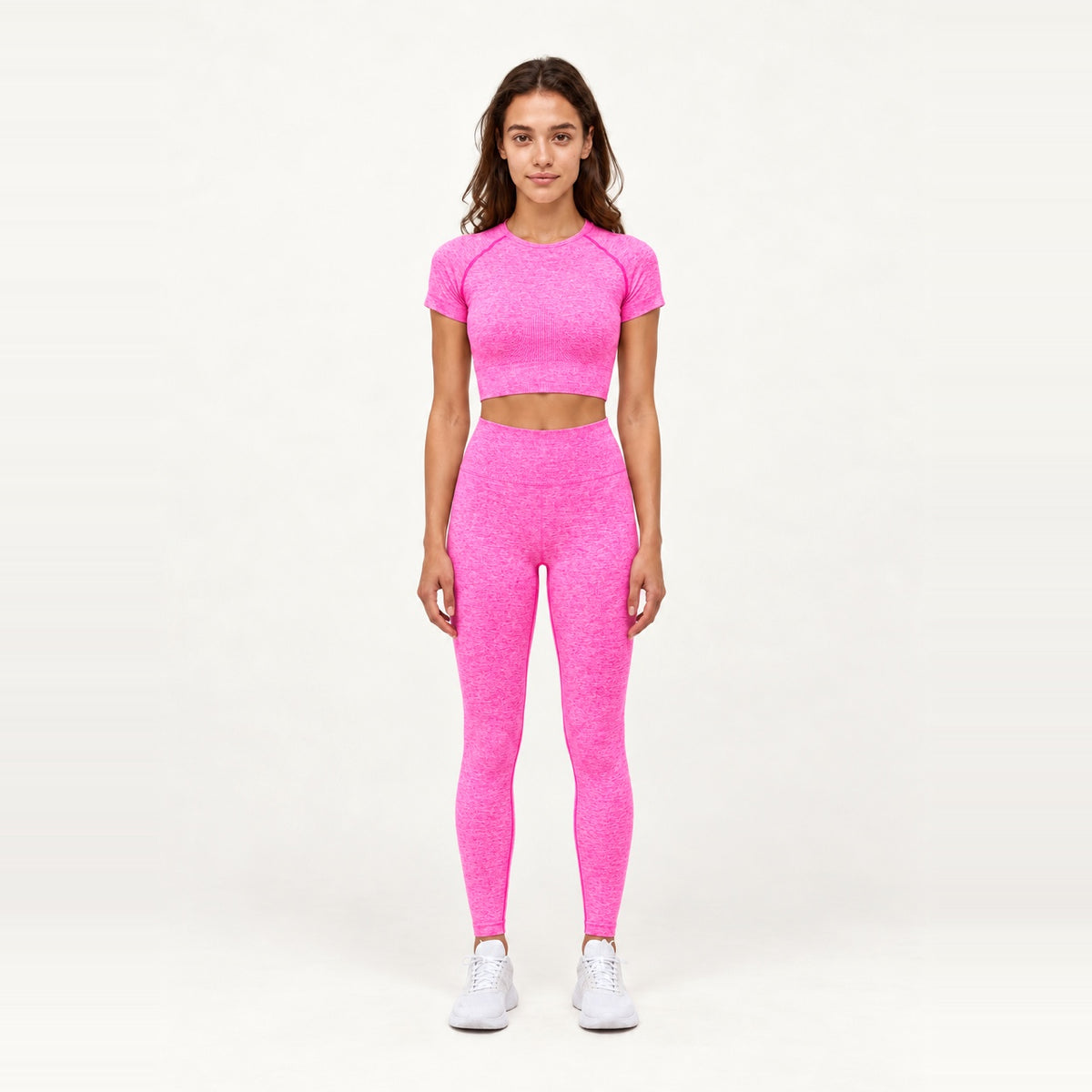 Short Sleeve Textured Crop Top and Leggings Set - Hot Pink
