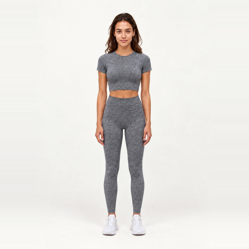 Short Sleeve Textured Crop Top and Leggings Set - Charcoal