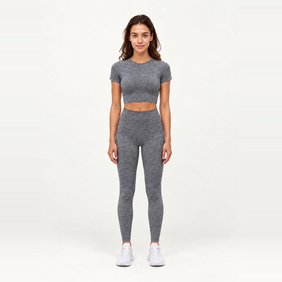 Short Sleeve Textured Crop Top and Leggings Set - Charcoal