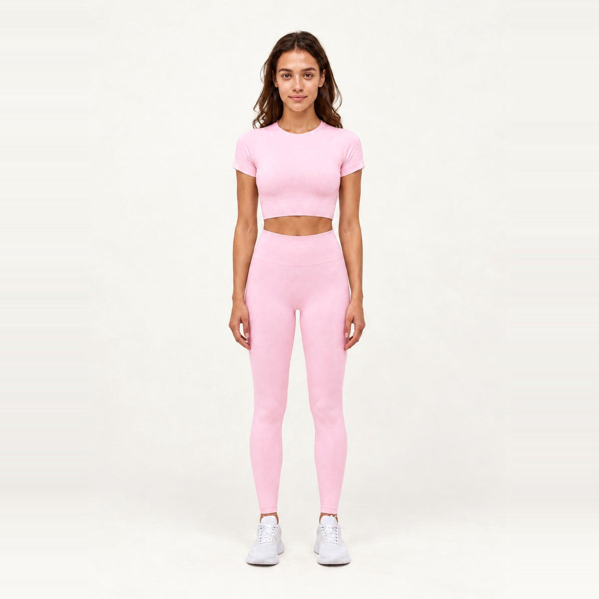 Short Sleeve Textured Crop Top and Leggings Set - Pink
