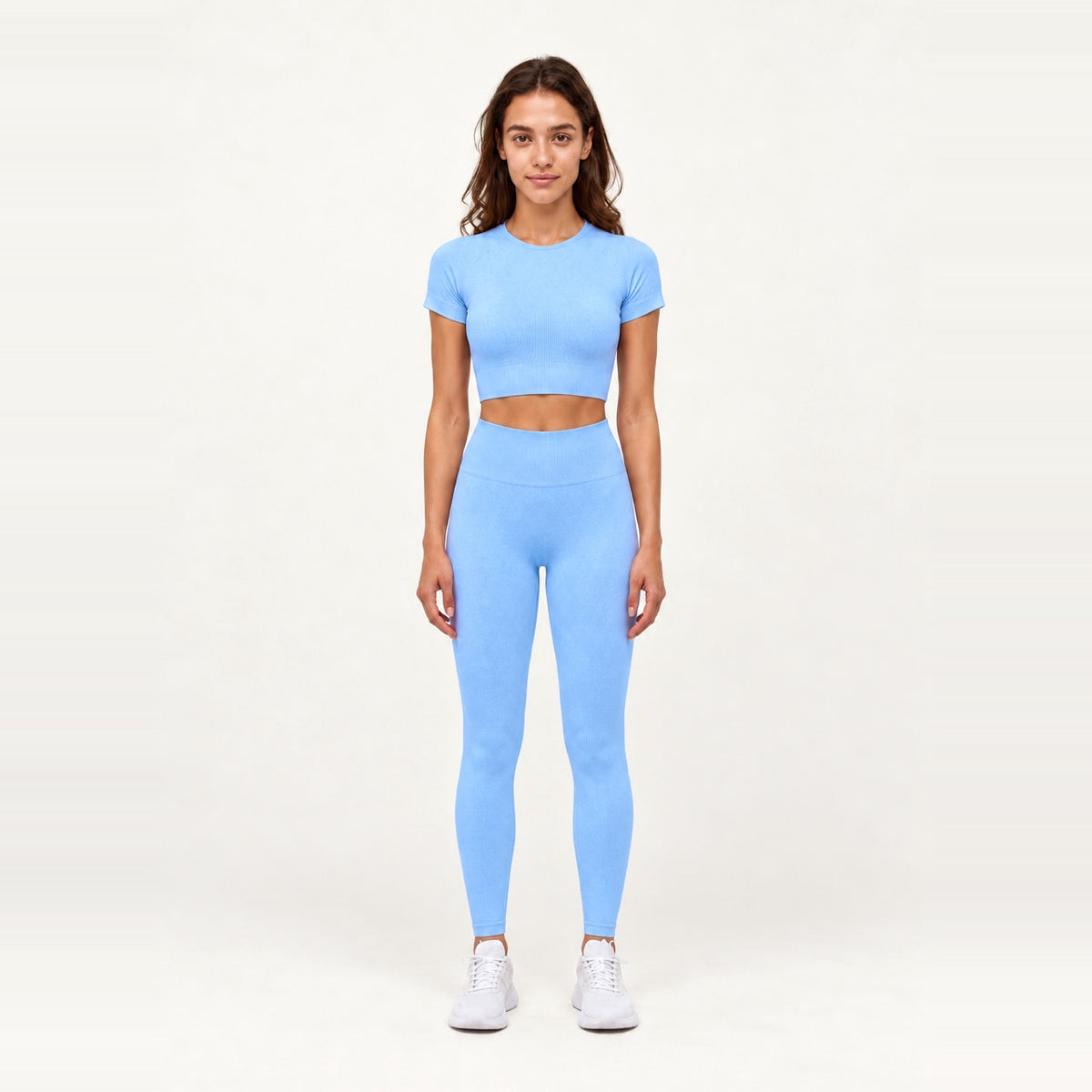 Short Sleeve Textured Crop Top and Leggings Set - Sky Blue