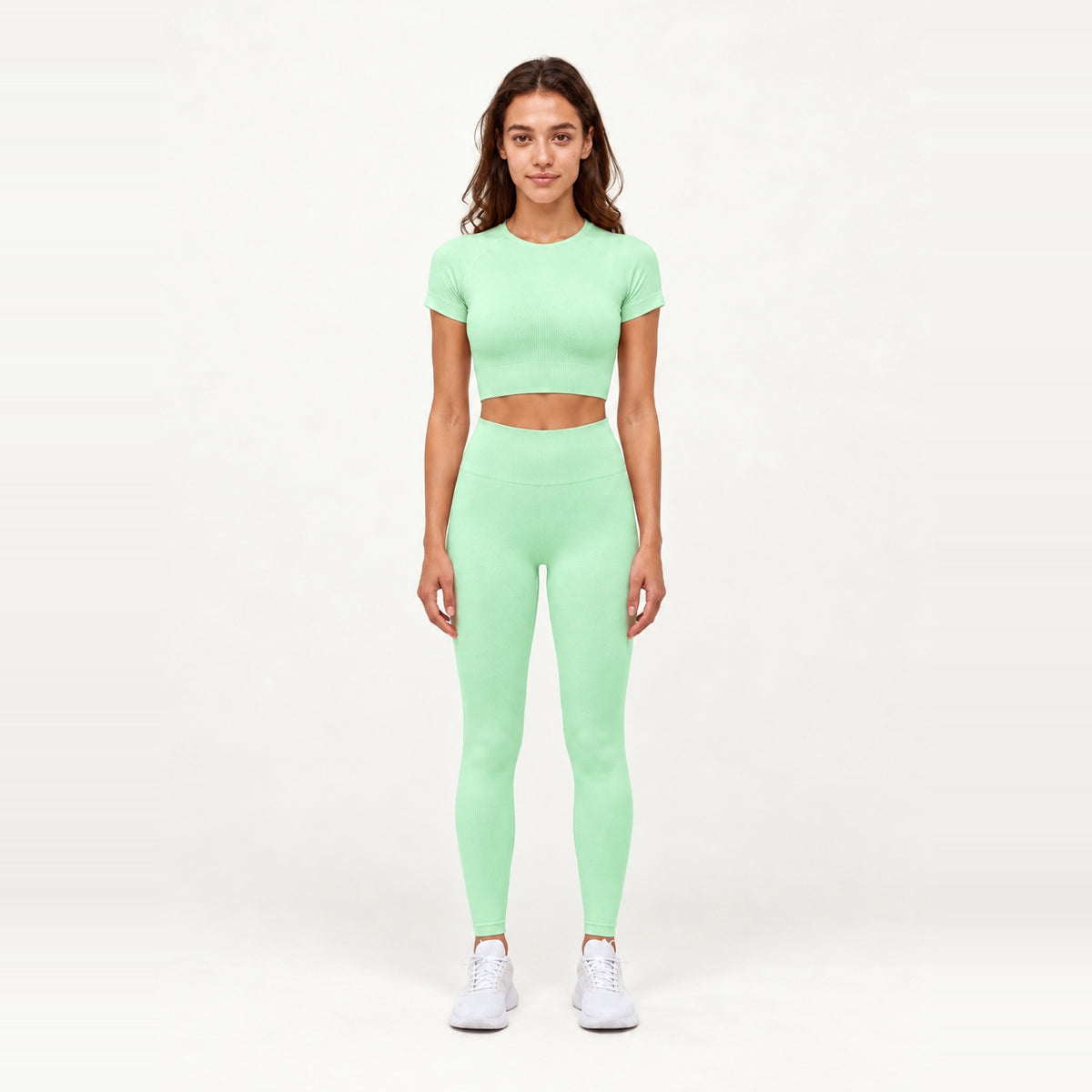 Short Sleeve Textured Crop Top and Leggings Set - Mint