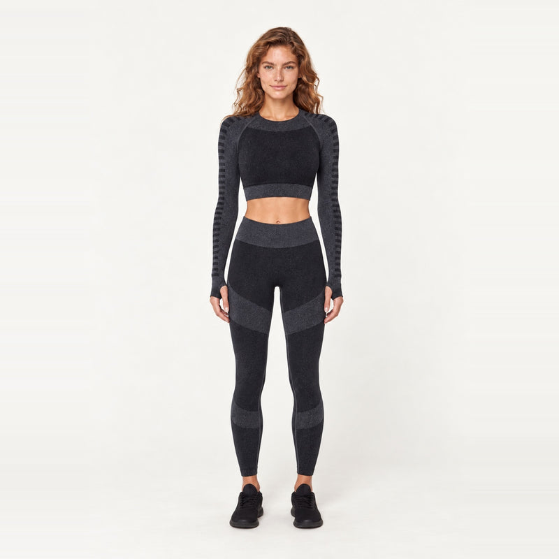 Striped-Panel Long Sleeve Crop Top and Leggings Set - Black