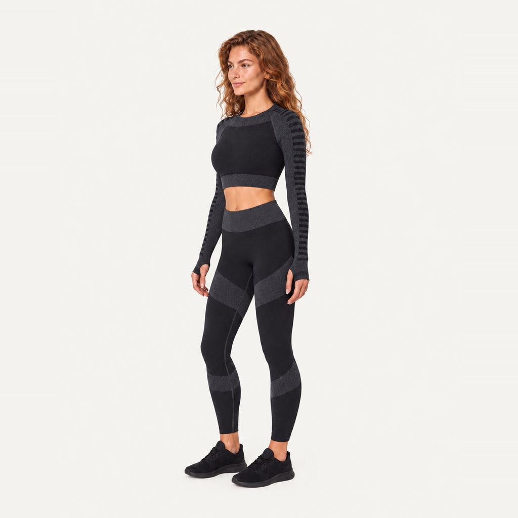 Striped-Panel Long Sleeve Crop Top and Leggings Set - side view
