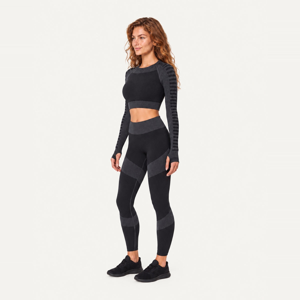 Striped-Panel Long Sleeve Crop Top and Leggings Set - side view