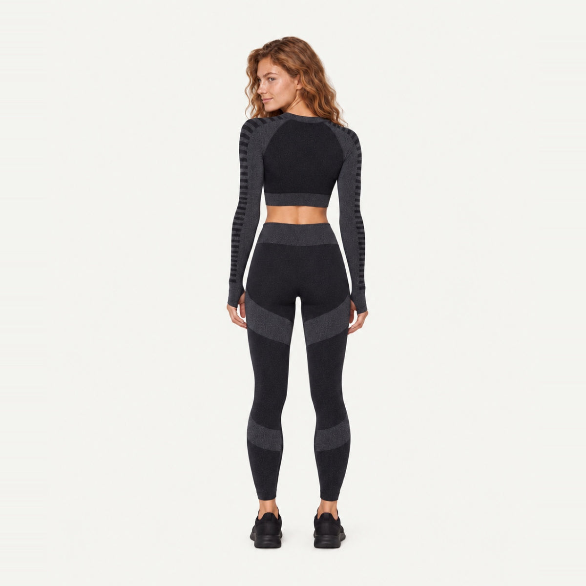 Striped-Panel Long Sleeve Crop Top and Leggings Set - back view