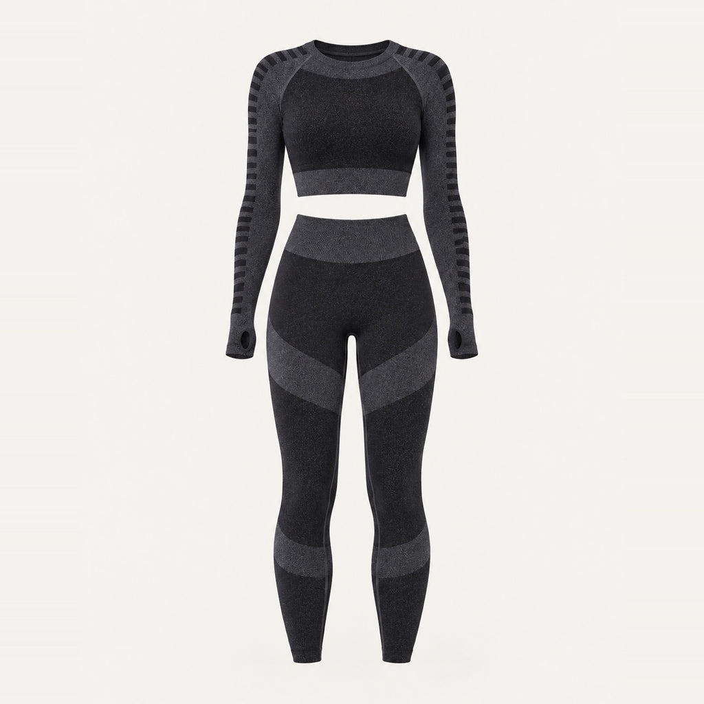 Striped-Panel Long Sleeve Crop Top and Leggings Set - product only
