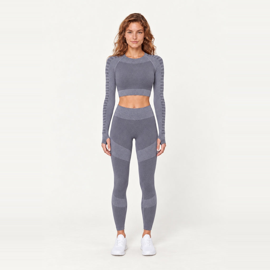 Striped-Panel Long Sleeve Crop Top and Leggings Set - Gray