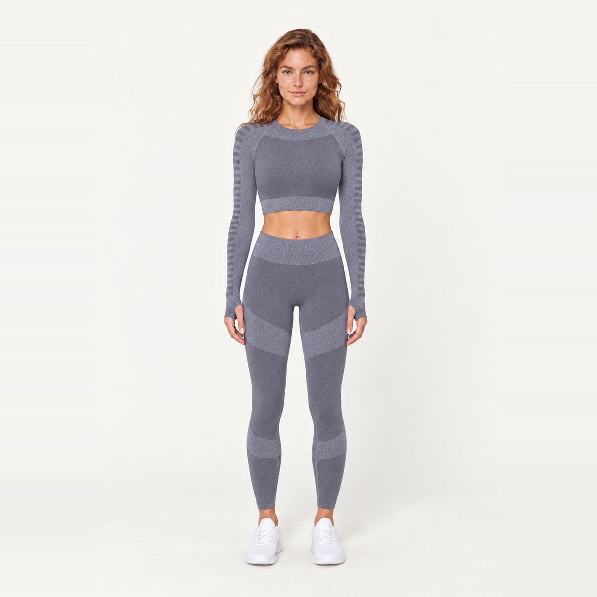 Striped-Panel Long Sleeve Crop Top and Leggings Set - Gray