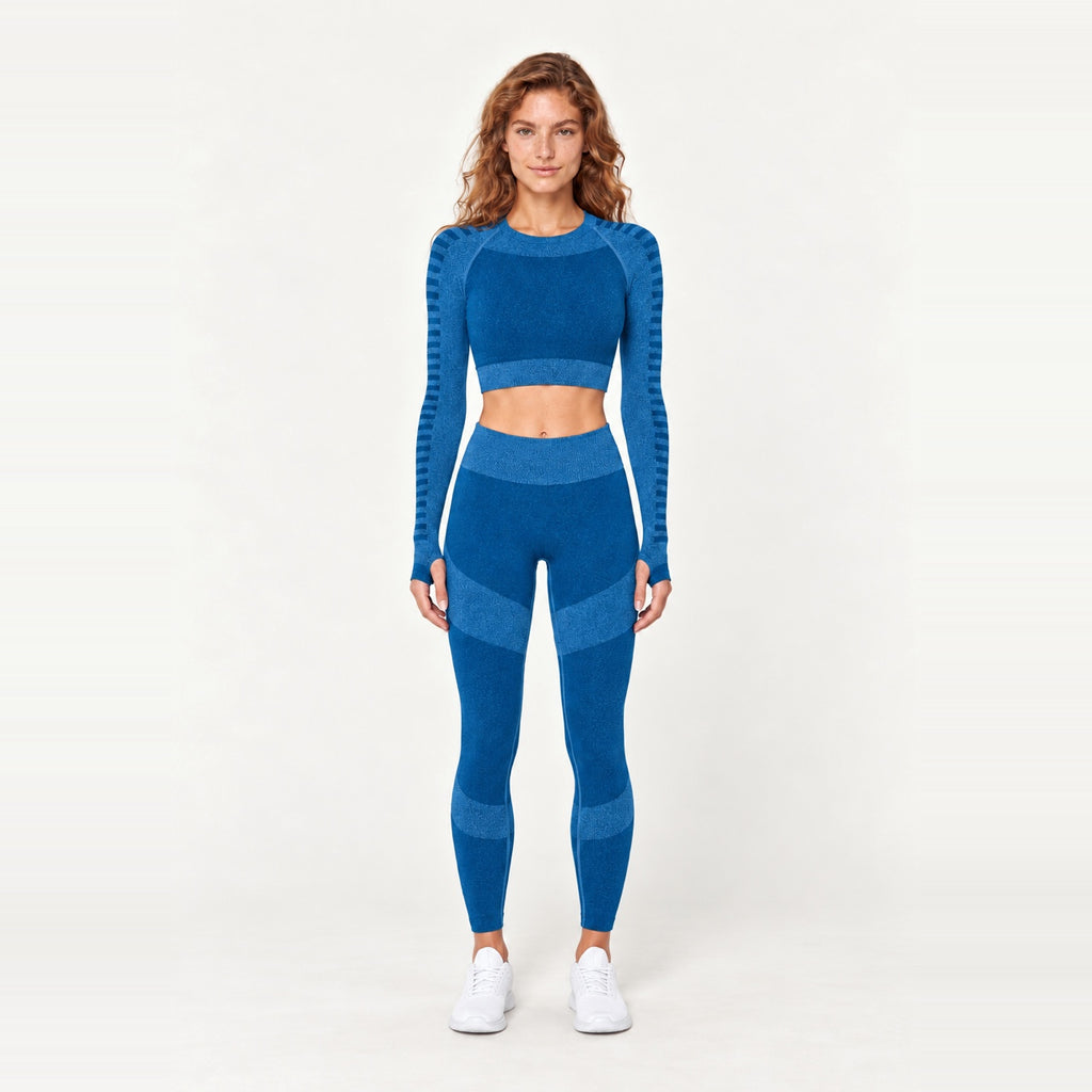 Striped-Panel Long Sleeve Crop Top and Leggings Set - Petrol Blue