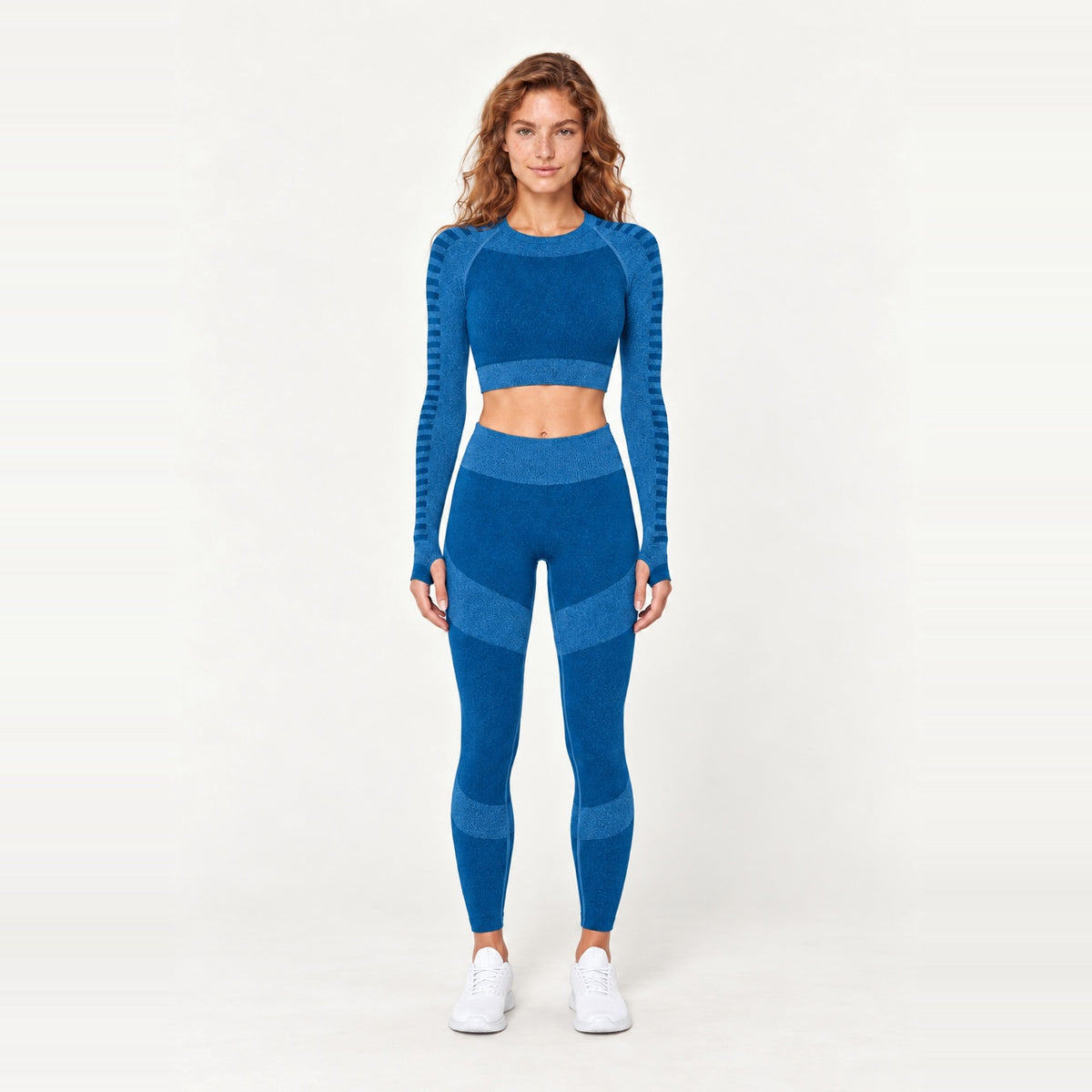 Striped-Panel Long Sleeve Crop Top and Leggings Set - Petrol Blue