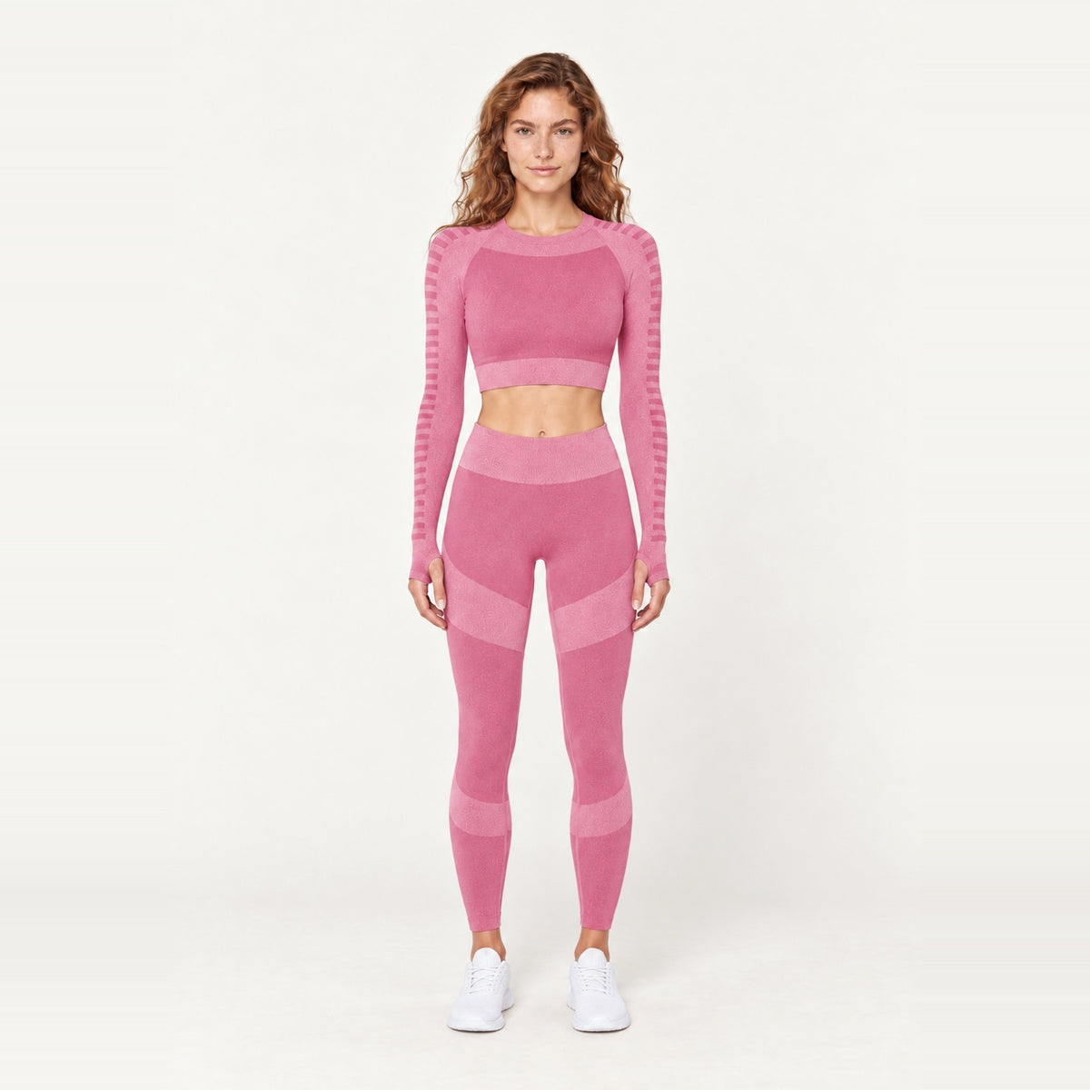 Striped-Panel Long Sleeve Crop Top and Leggings Set - Pink