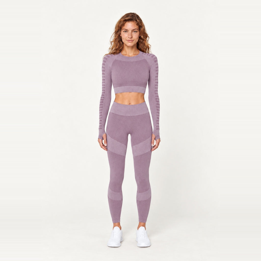 Striped-Panel Long Sleeve Crop Top and Leggings Set - Mauve