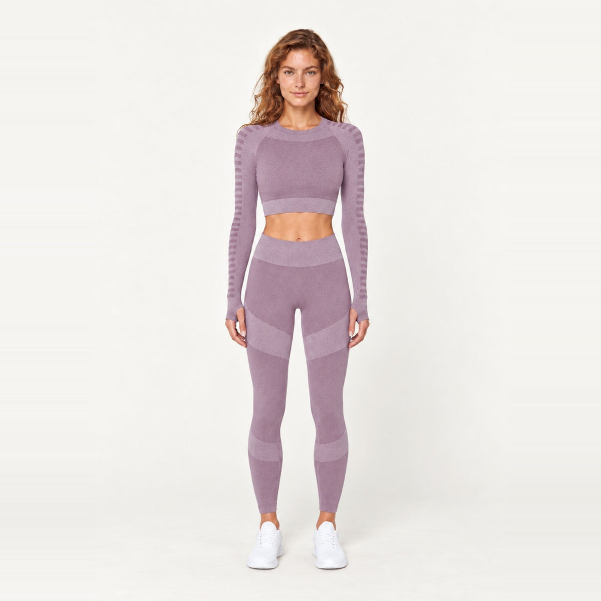 Striped-Panel Long Sleeve Crop Top and Leggings Set - Mauve