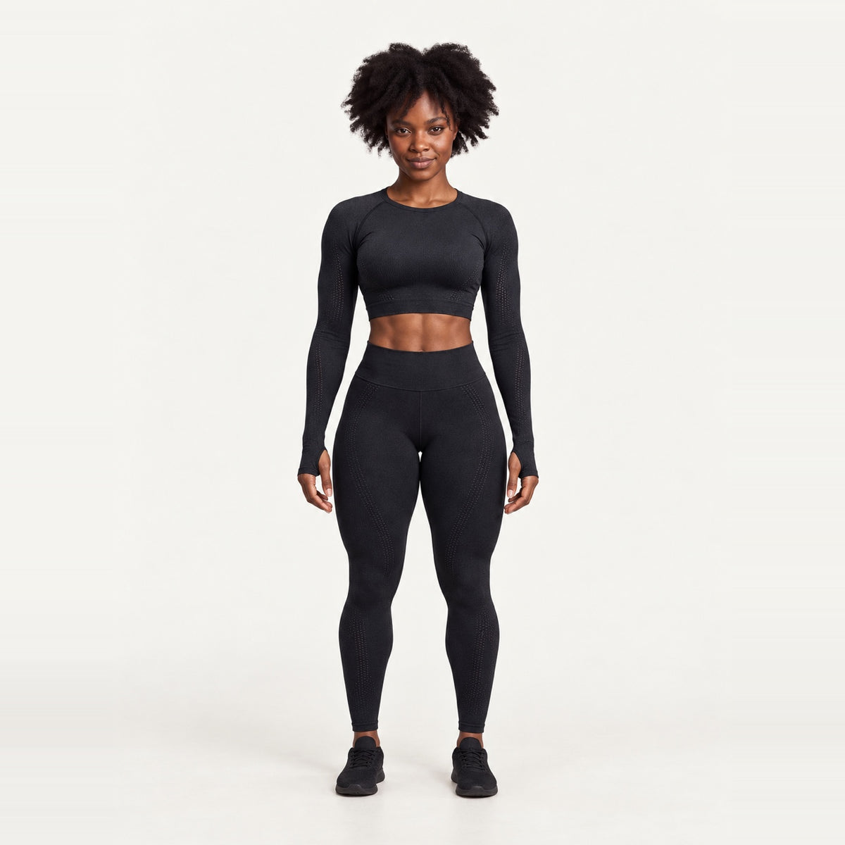 Long Sleeve Crop Top and Dotted-Panel Leggings Set - Black