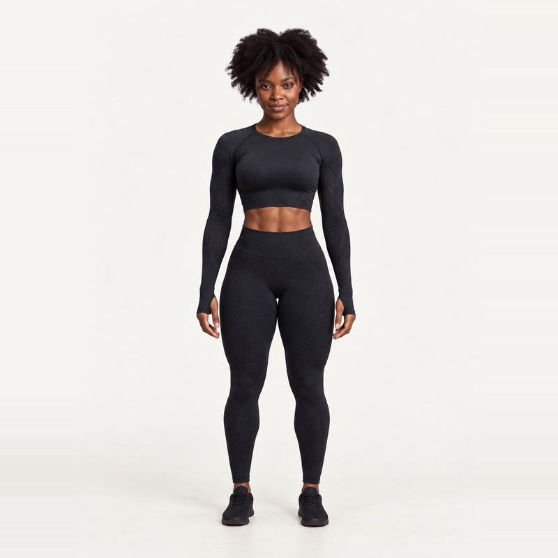 Long Sleeve Crop Top and Dotted-Panel Leggings Set - Black