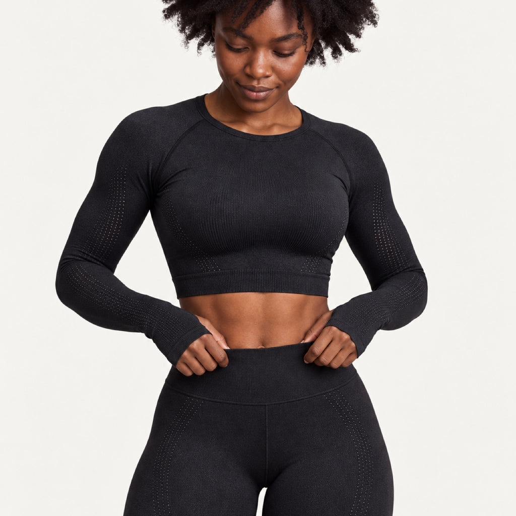 Long Sleeve Crop Top and Dotted-Panel Leggings Set - detail