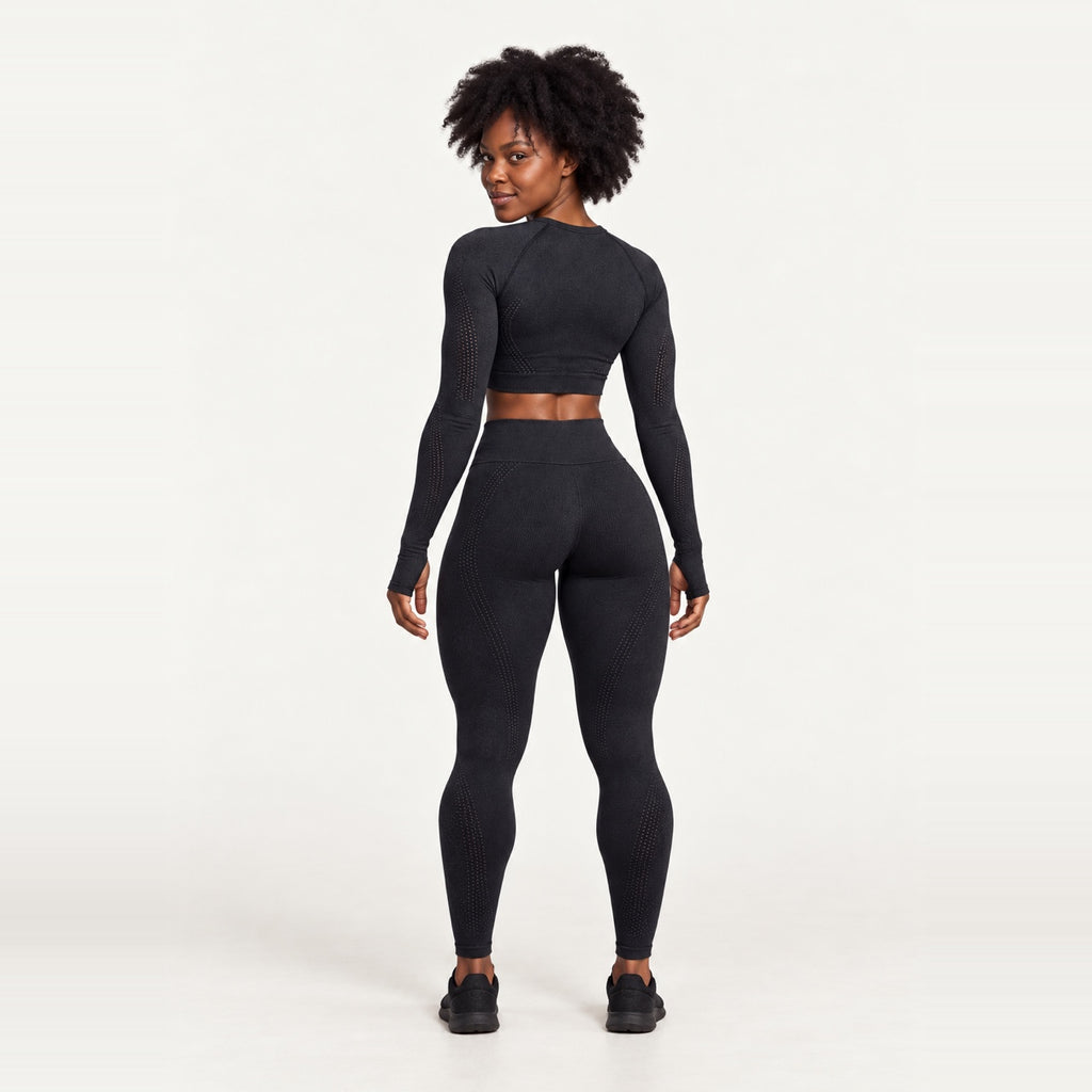 Long Sleeve Crop Top and Dotted-Panel Leggings Set - back view