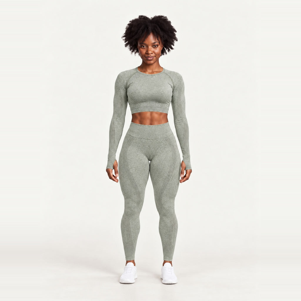 Long Sleeve Crop Top and Dotted-Panel Leggings Set - Sage