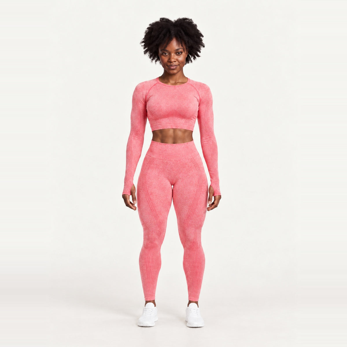 Long Sleeve Crop Top and Dotted-Panel Leggings Set - Coral