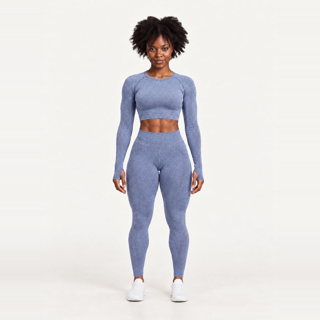Long Sleeve Crop Top and Dotted-Panel Leggings Set - Slate Blue