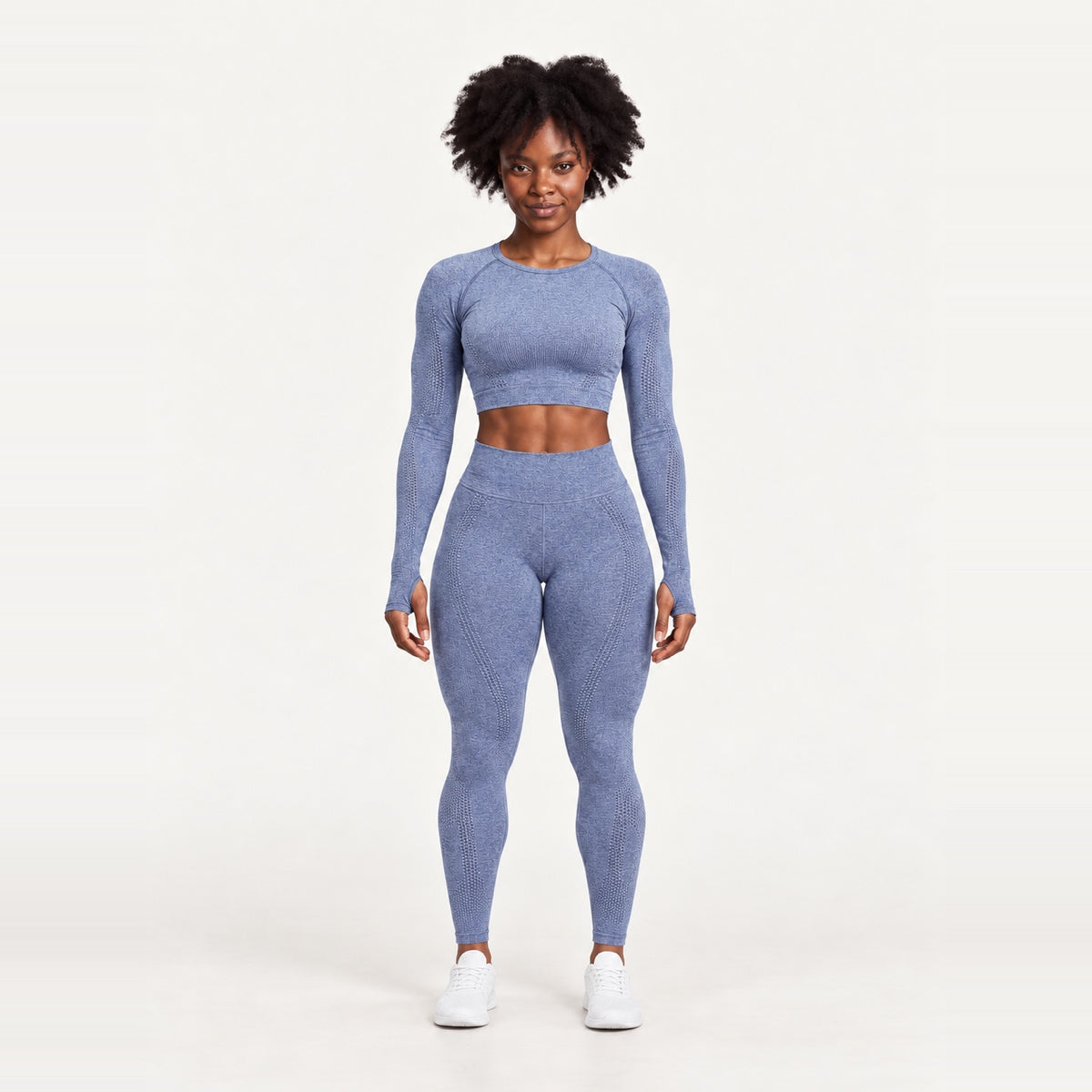 Long Sleeve Crop Top and Dotted-Panel Leggings Set - Slate Blue