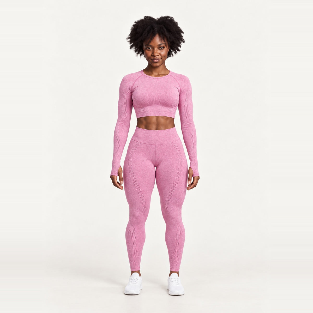 Long Sleeve Crop Top and Dotted-Panel Leggings Set - Pink