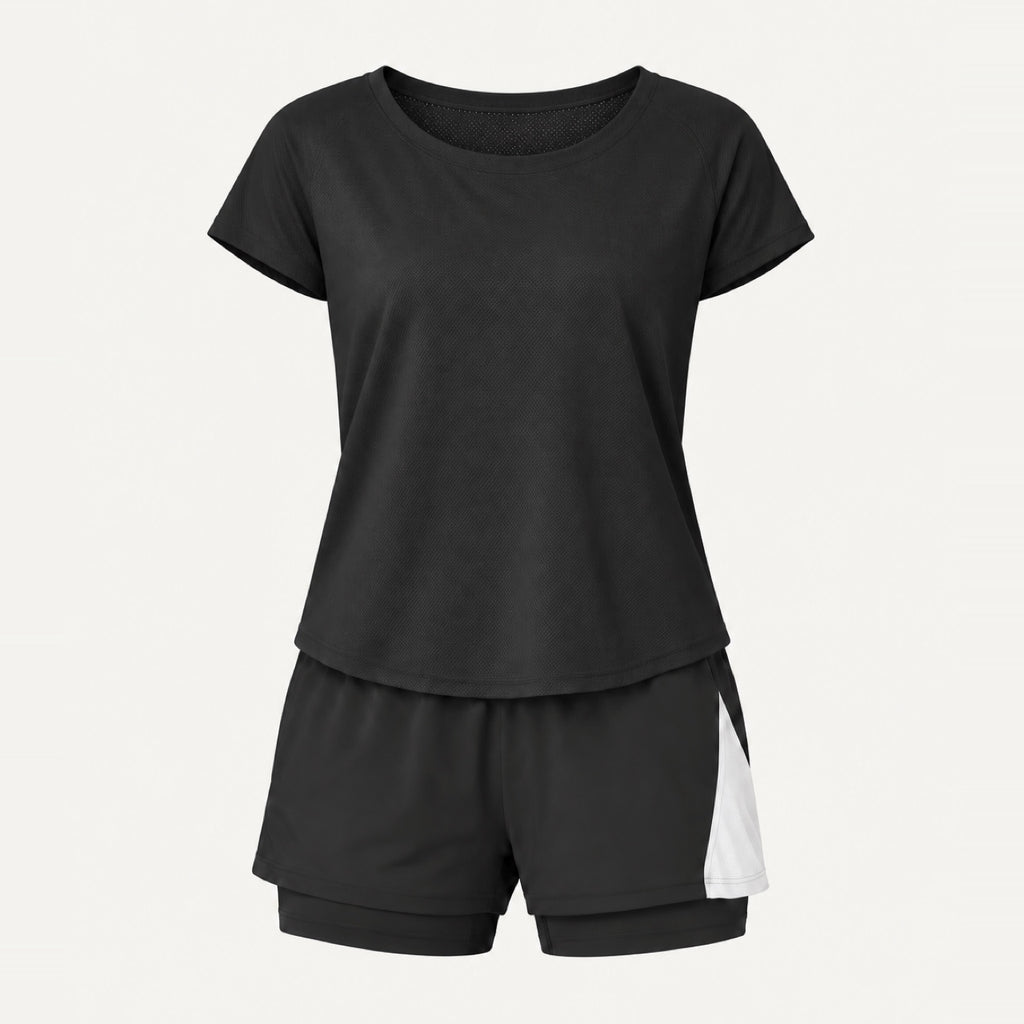 Short Sleeve Top and Contrast-Panel Shorts Set - product only