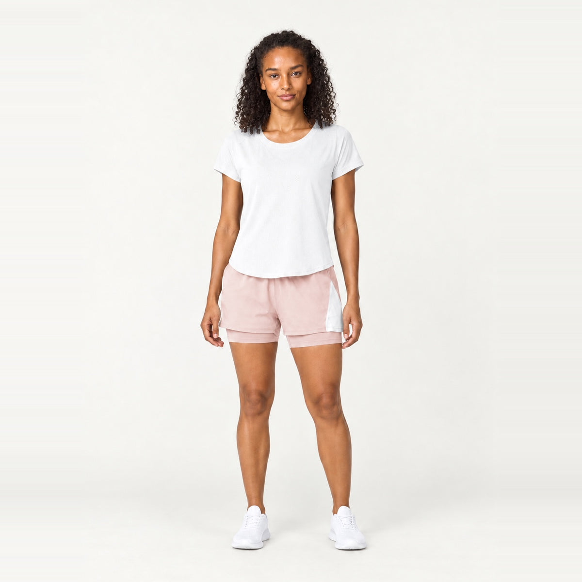 Short Sleeve Top and Contrast-Panel Shorts Set - White and Blush
