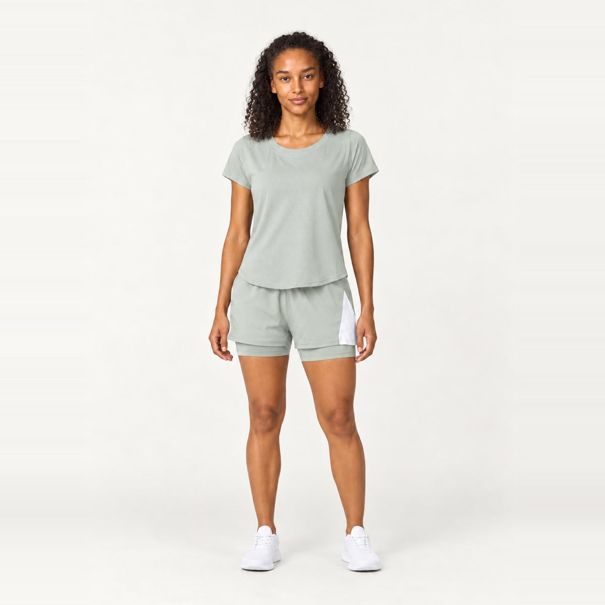 Short Sleeve Top and Contrast-Panel Shorts Set - Sage