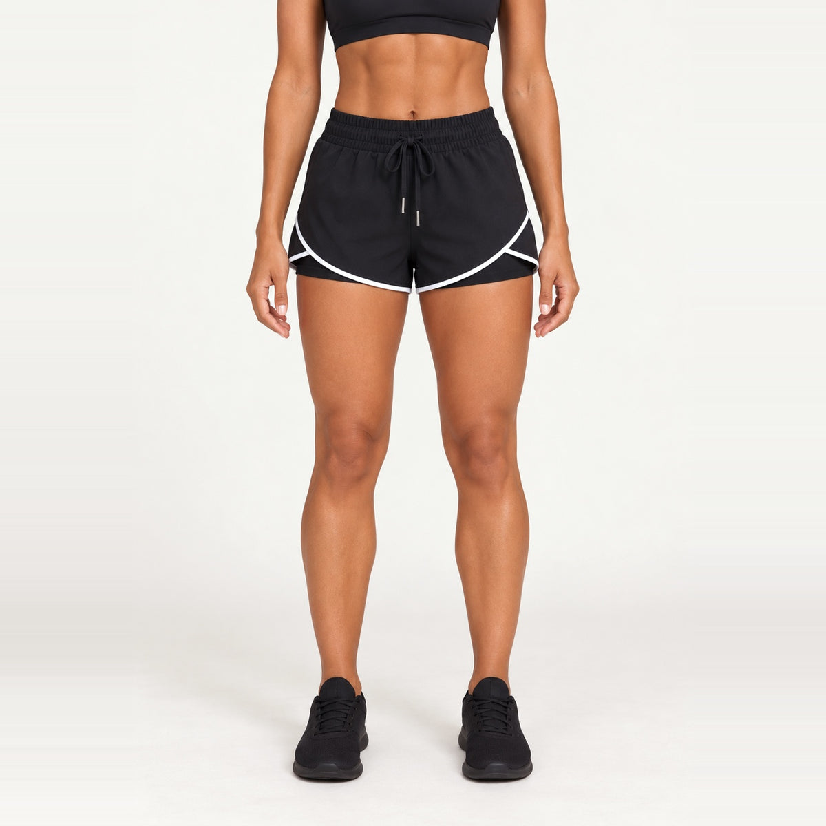 Drawstring Workout Shorts with Contrast Trim - Black